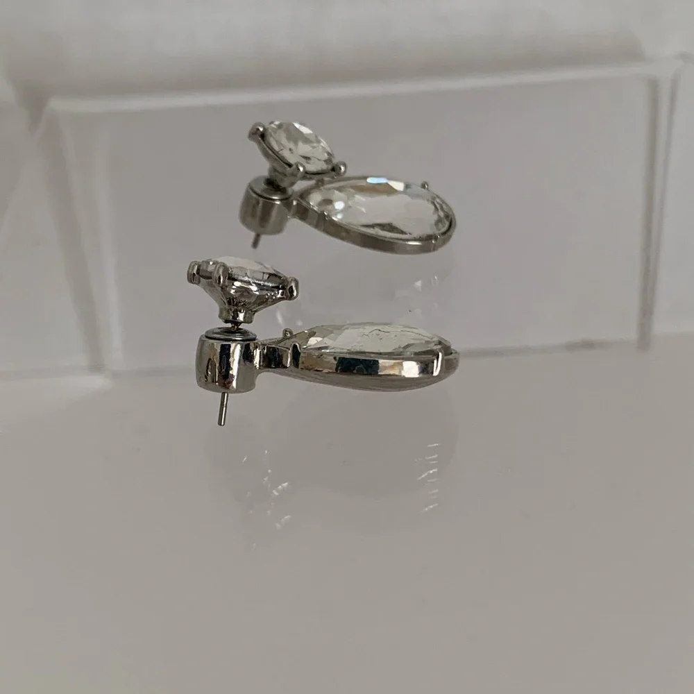 Clear Jewel Rhinestone Teardrop Earrings with Stud Silver Toned Hardware